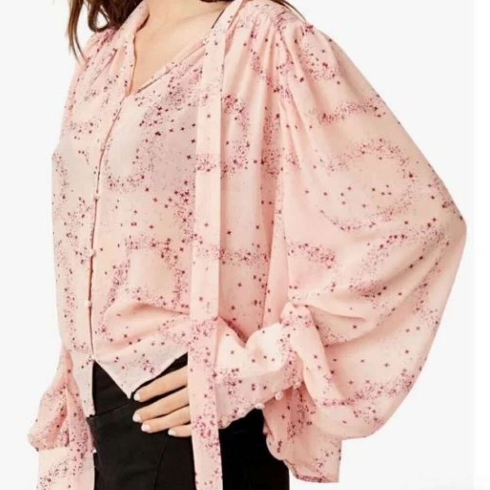 NWT Free People Stars Align Pink Long Sleeve Tie Neck Blouse Sz XL MSRP $98